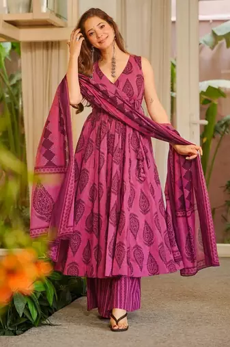 Pink color muslin fabric designer printed readymade ceremonial palazzo dress