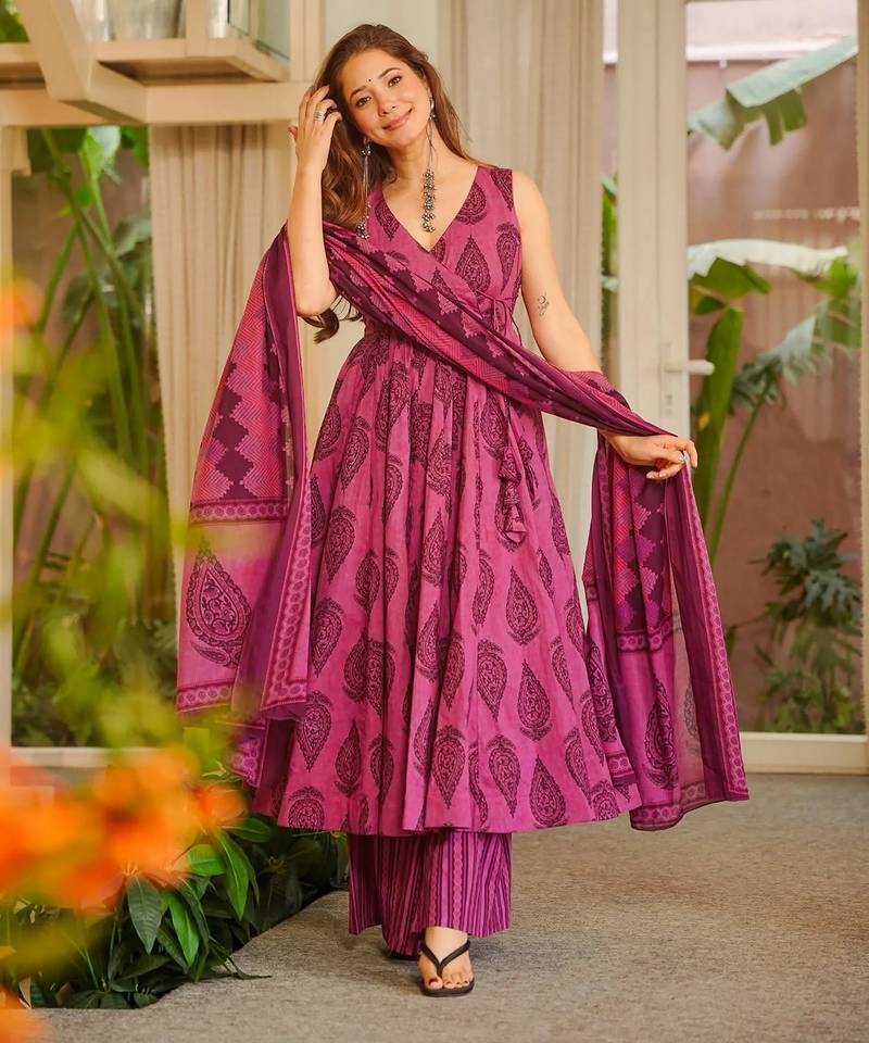 Pink color muslin fabric designer printed readymade ceremonial palazzo dress