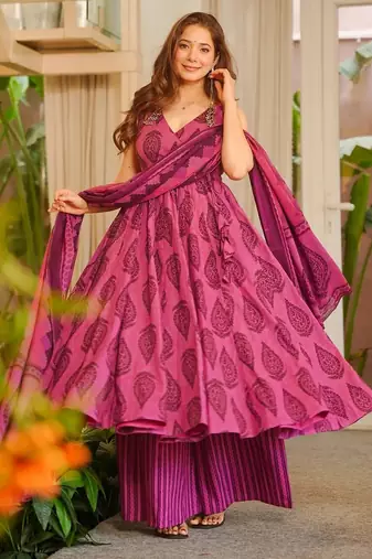 Pink color muslin printed readymade ceremonial palazzo dress