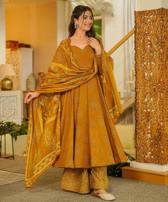 Mustard color muslin printed readymade ceremonial palazzo dress 1