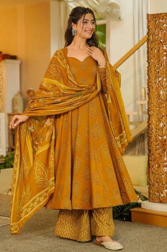 Mustard color muslin fabric designer printed readymade ceremonial palazzo dress