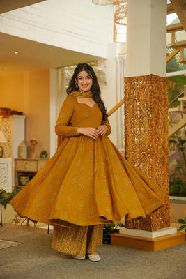 Mustard color muslin printed readymade ceremonial palazzo dress 2