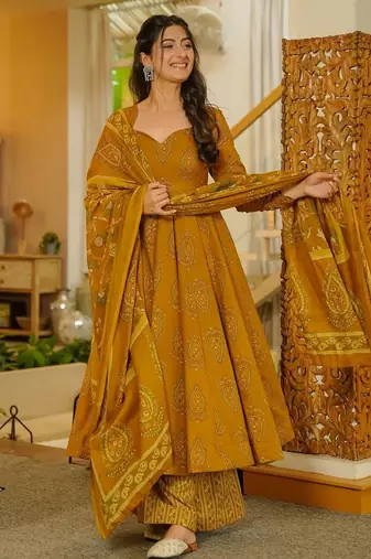 Mustard color muslin printed readymade ceremonial palazzo dress