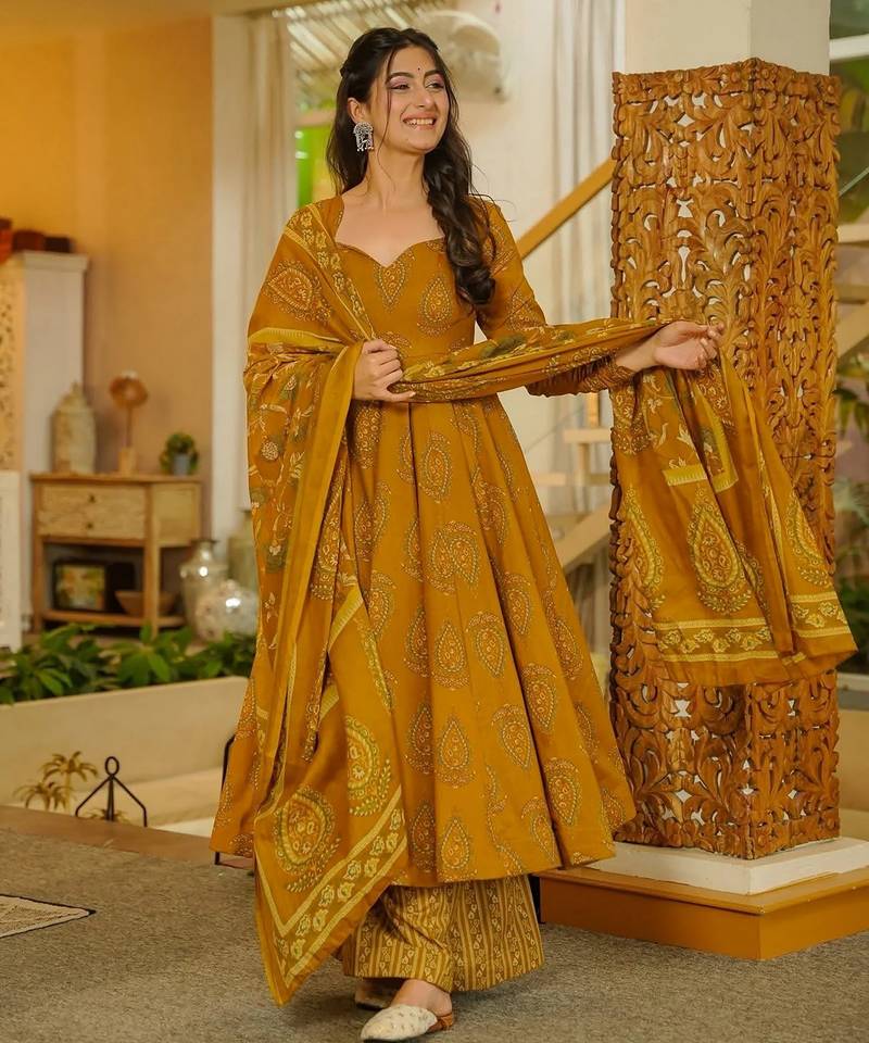 Mustard color muslin fabric designer printed readymade ceremonial palazzo dress