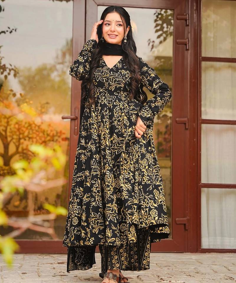 Black color muslin fabric designer printed readymade ceremonial palazzo dress