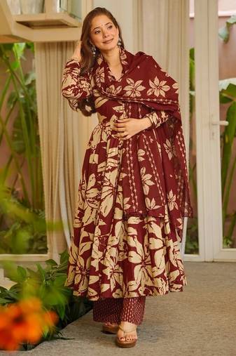 Burgundy color muslin fabric designer printed readymade ceremonial palazzo dress