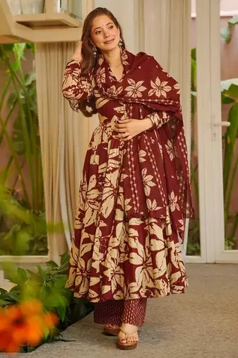 Burgundy color muslin fabric designer printed readymade ceremonial palazzo dress