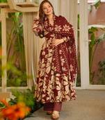 Burgundy color muslin fabric designer printed readymade ceremonial palazzo dress