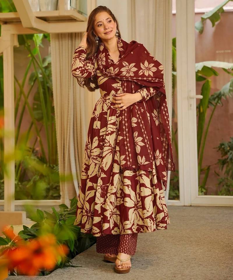 Burgundy color muslin fabric designer printed readymade ceremonial palazzo dress