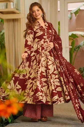 Burgundy color muslin printed readymade ceremonial palazzo dress