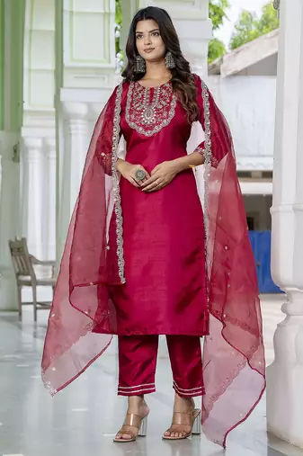 Pink color designer embroidered silk blend ethnic festive special suit