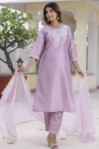 Lavender color designer embroidered silk blend ethnic festive special suit