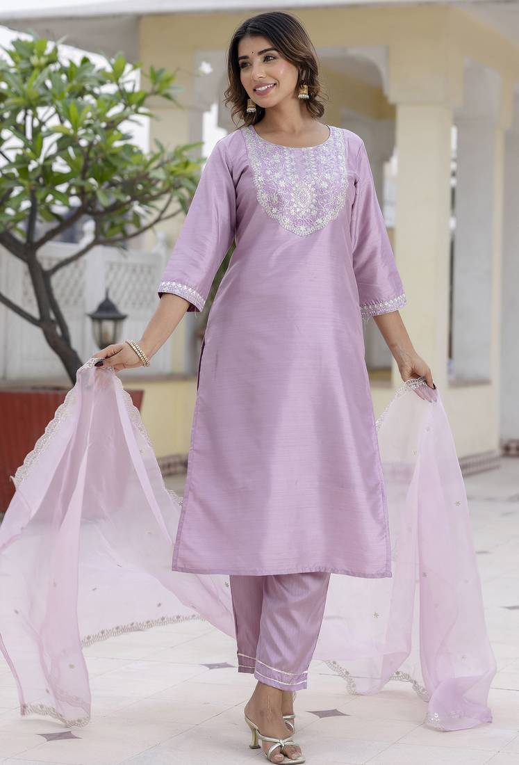 Lavender color designer embroidered silk blend ethnic festive special suit
