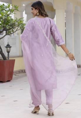 Lavender color embroidered silk blend festive special suit 2