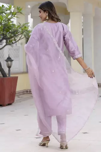 Lavender color embroidered silk blend festive special suit