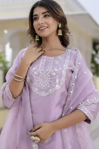 Lavender color embroidered silk blend festive special suit