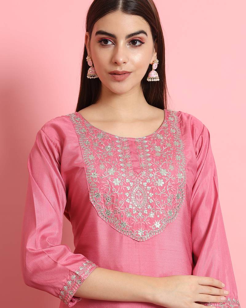 Pink color designer embroidered silk blend ethnic festive special suit