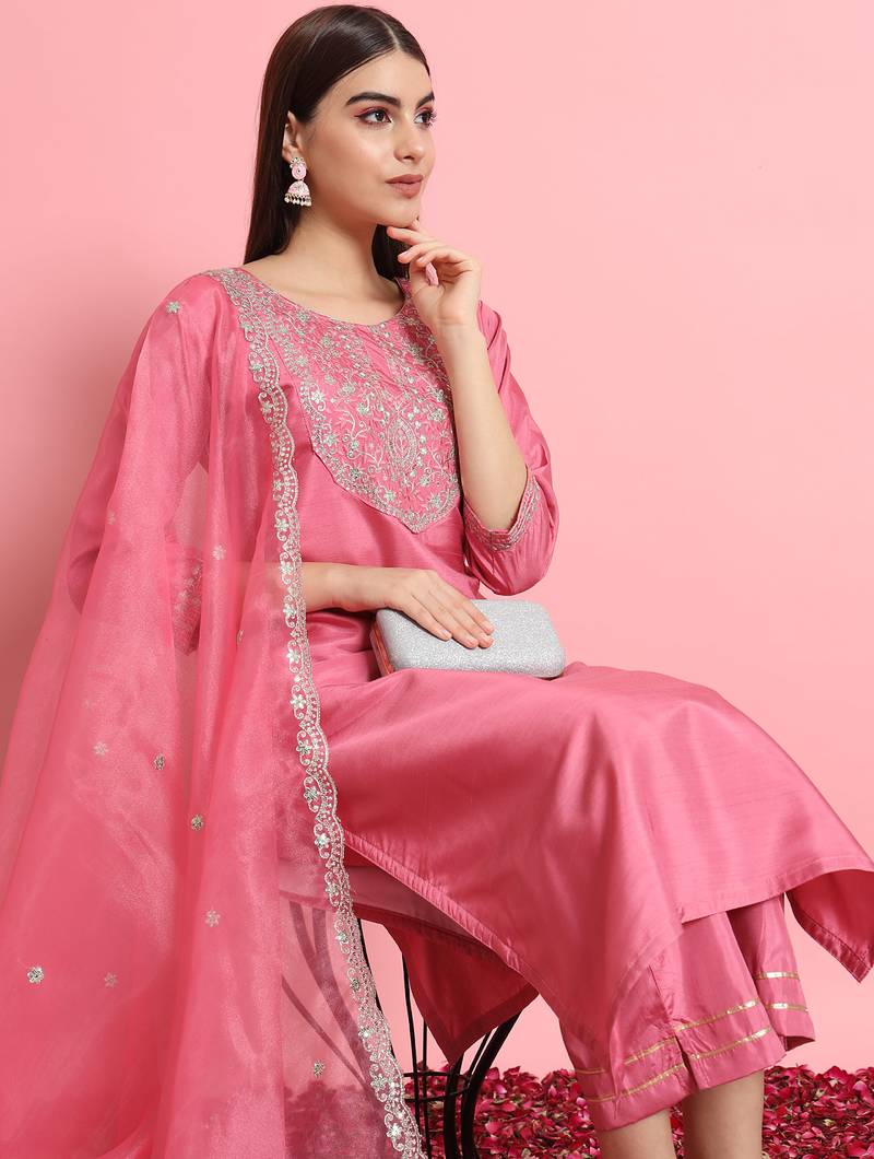 Pink color designer embroidered silk blend ethnic festive special suit