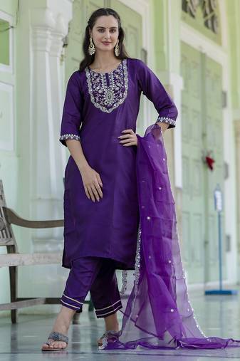Purple color designer embroidered silk blend ethnic festive special suit
