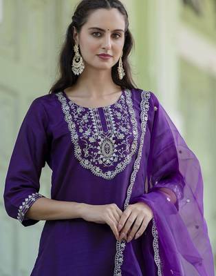 Purple color embroidered silk blend festive special suit 3