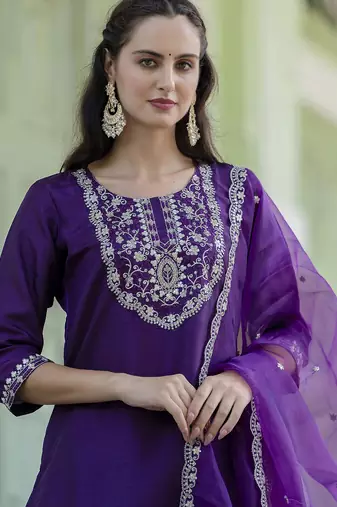Purple color embroidered silk blend festive special suit
