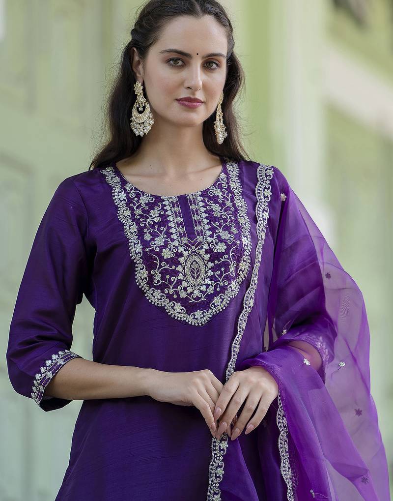 Purple color designer embroidered silk blend ethnic festive special suit
