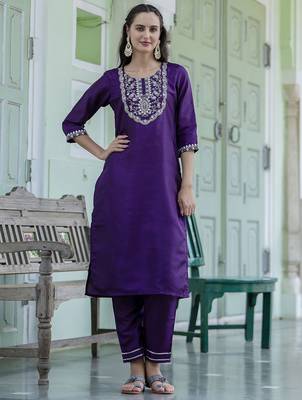 Purple color embroidered silk blend festive special suit 4