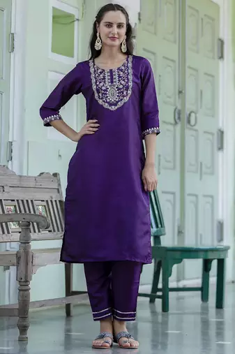 Purple color embroidered silk blend festive special suit