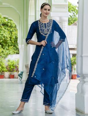 Teal blue color embroidered silk blend festive special suit 1