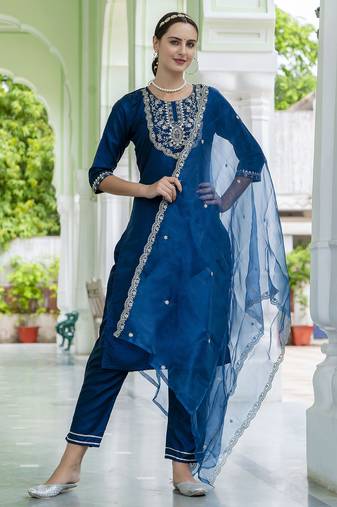 Teal blue color designer embroidered silk blend ethnic festive special suit