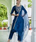 Teal blue color designer embroidered silk blend ethnic festive special suit