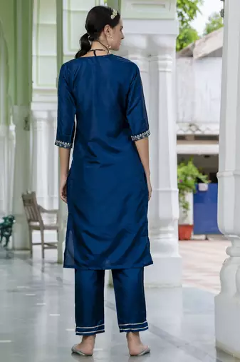 Teal blue color embroidered silk blend festive special suit