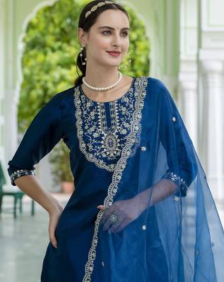 Teal blue color embroidered silk blend festive special suit 3