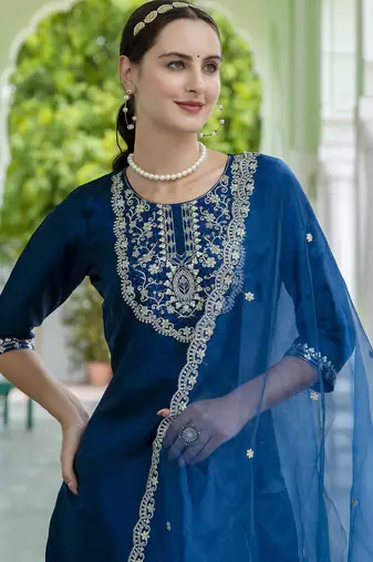 Teal blue color embroidered silk blend festive special suit