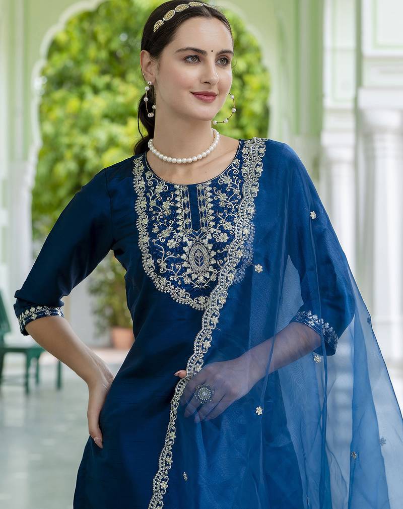 Teal blue color designer embroidered silk blend ethnic festive special suit