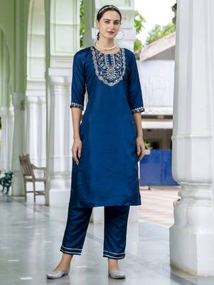 Teal blue color embroidered silk blend festive special suit 4