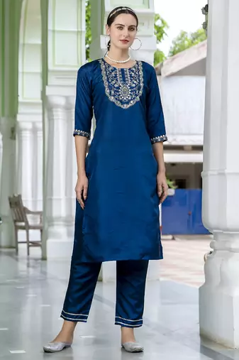 Teal blue color embroidered silk blend festive special suit