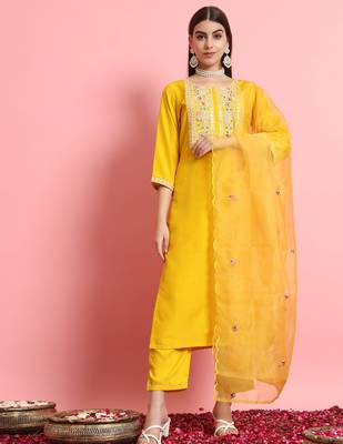 Yellow color embroidered silk blend festive special suit 1