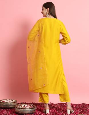 Yellow color embroidered silk blend festive special suit 2