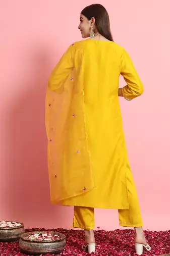 Yellow color embroidered silk blend festive special suit