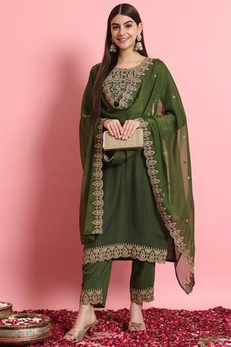Green color designer embroidered silk blend ethnic festive special suit