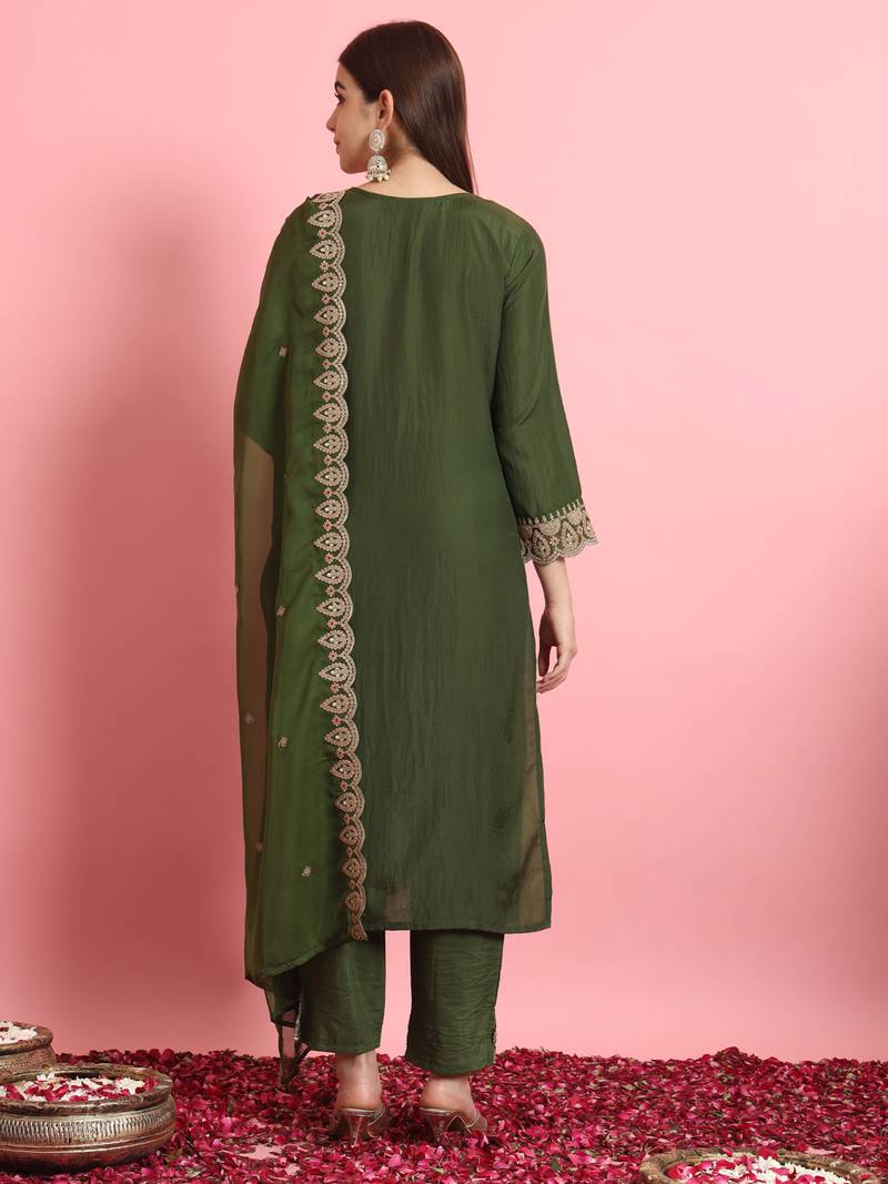 Green color designer embroidered silk blend ethnic festive special suit