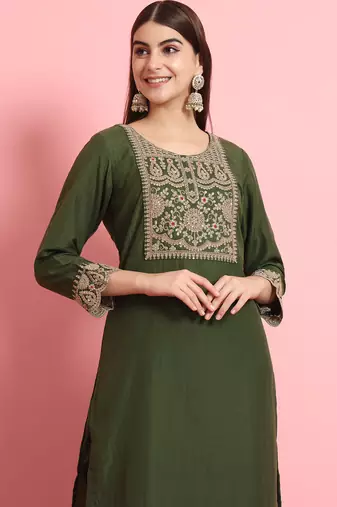 Green color embroidered silk blend festive special suit