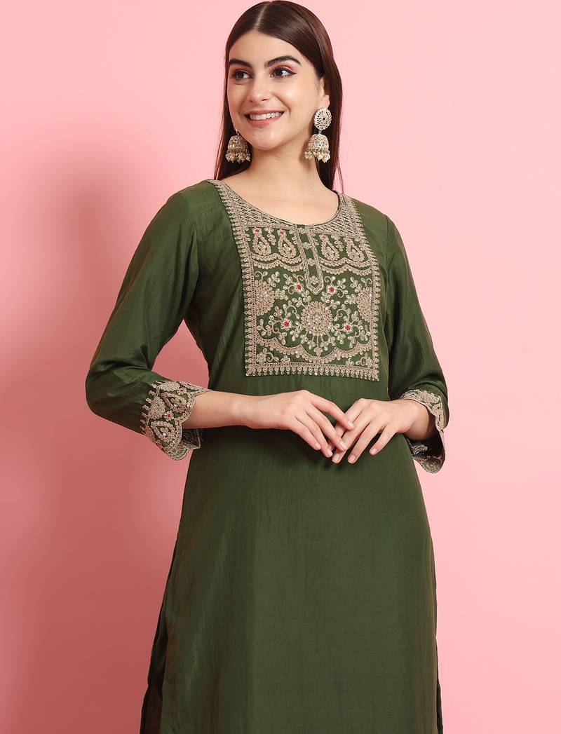Green color designer embroidered silk blend ethnic festive special suit