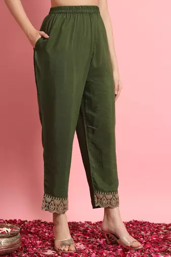 Green color embroidered silk blend festive special suit