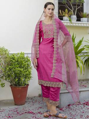 Pink color embroidered silk blend festive special suit 1