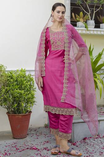 Pink color designer embroidered silk blend ethnic festive special suit