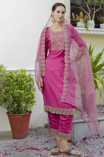 Pink color designer embroidered silk blend ethnic festive special suit