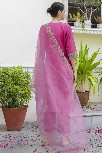 Pink color embroidered silk blend festive special suit