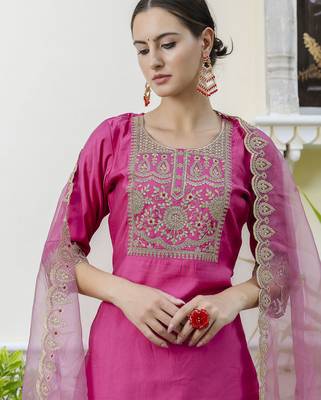 Pink color embroidered silk blend festive special suit 3